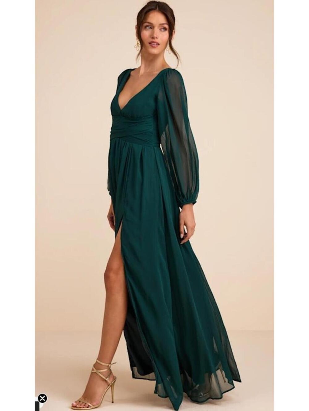Lulus EMERALD GREEN - V -Neck Sheer Sleeve Maxi Dress, Size XS